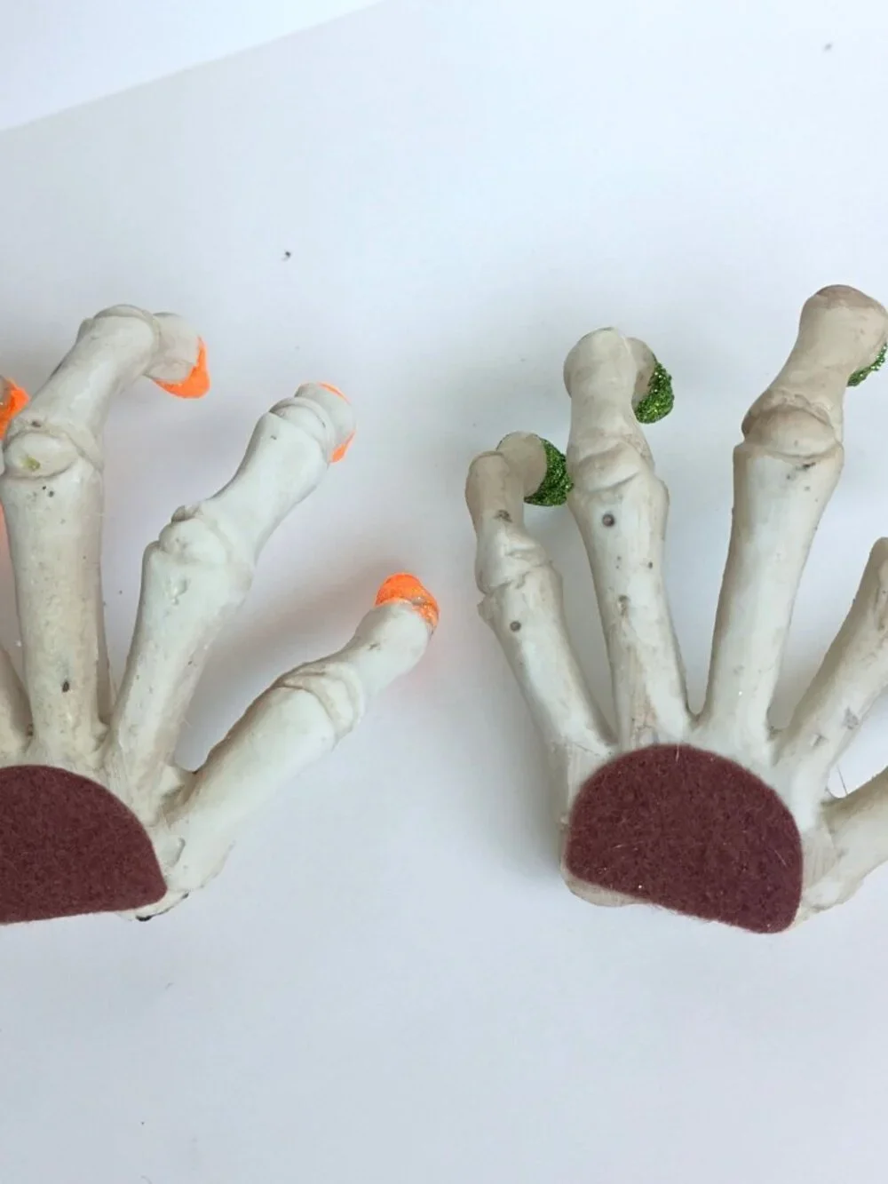 Set of 2 Halloween Ghoul Skelton Hand Glitter Nails Orange Green Candle Holders